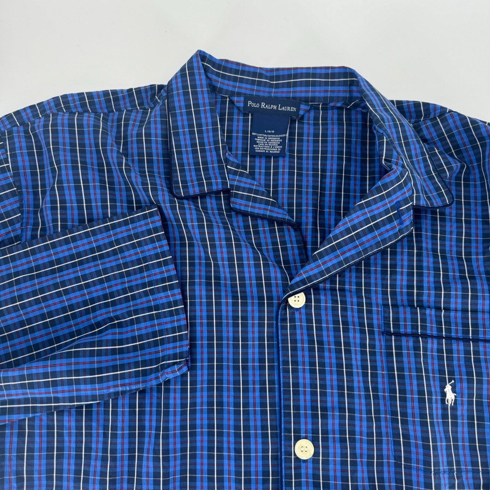 Polo Ralph Lauren Mens Blue Plaid Cotton‎ Pajama Top Sleep Shirt Large L L/G/G